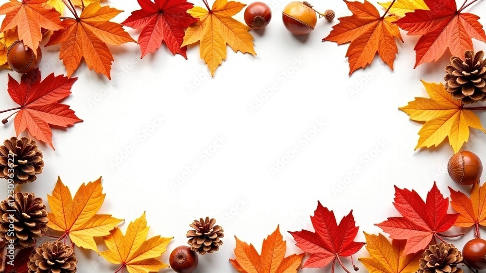 Autumn Leaf Frame, Flowers, Chestnuts, Pine Cones - White Background Autumn Leaf Frame, Flowers, Chestnuts, Pine Cones - White Background