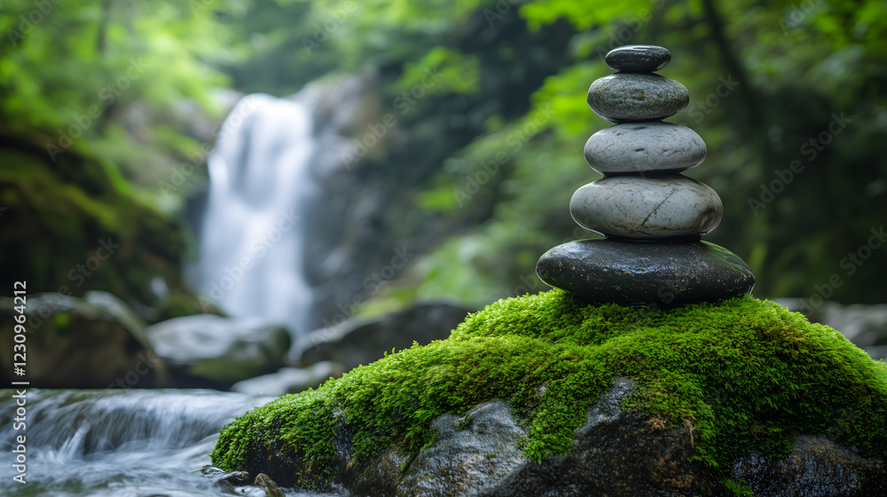 Zen Stones and Waterfall in Lush Green Forest Zen Stones and Waterfall in Lush Green Forest