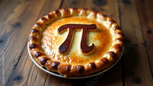 Rustic Wooden Table with Freshly Baked Pie Embossed with Pi Symbol on Crust