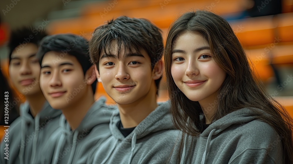 Four young Asian people wearing grey hooded sweatshirts smile at the camera in a gymnasium. Four young Asian people wearing grey hooded sweatshirts smile at the camera in a gymnasium.