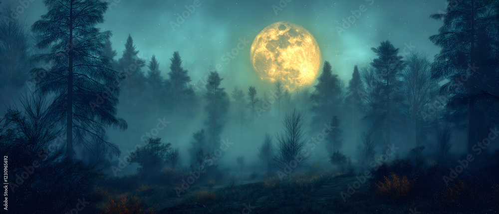 Fototapeta premium Enchanting Moonlit Forest with Mist and Bare Trees