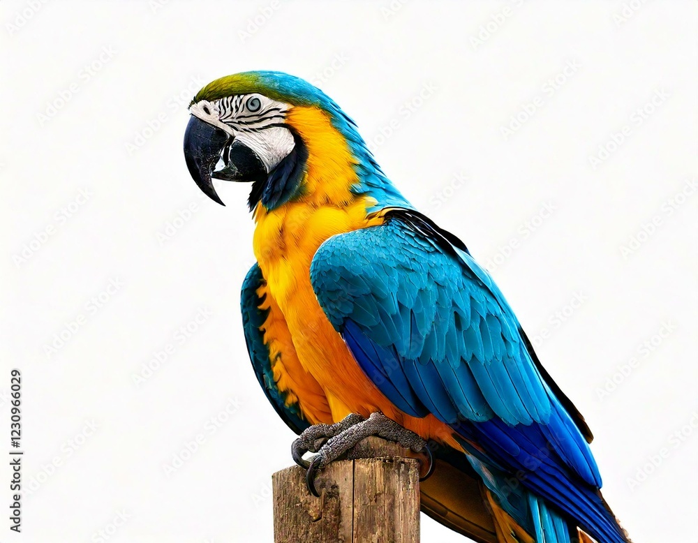  Blue and Yellow Macaw, Ara Ararauna, perched on pole in front of