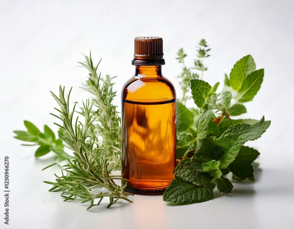Bottle of essential oil with herbs on white background Bottle of essential oil with herbs on white background