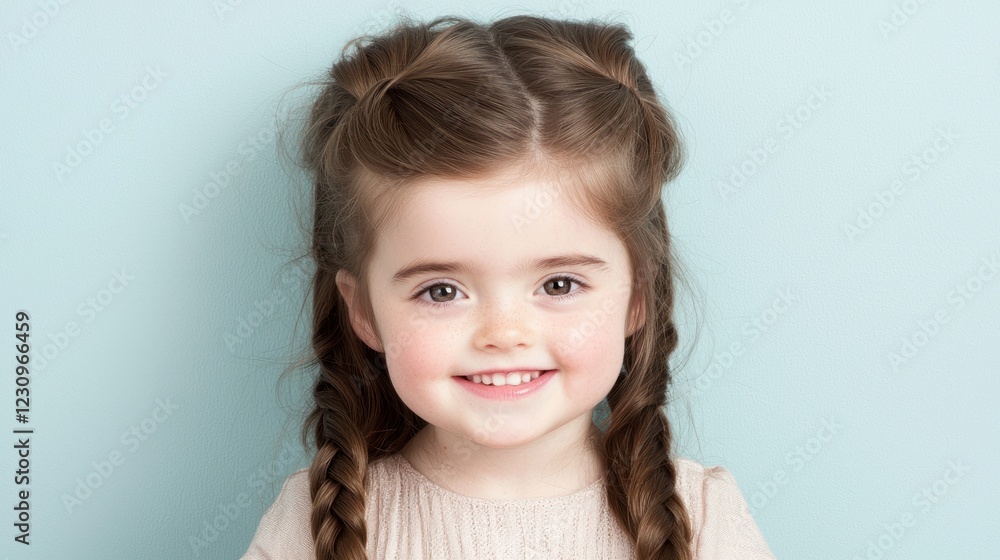 Portrait of a Smiling Toddler Girl with Braids Against a Light Blue Background Portrait of a Smiling Toddler Girl with Braids Against a Light Blue Background