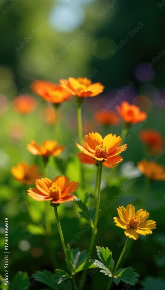 Sunlight casting shadows on corostavnika flowers as they grow, corostavnika, foliage, sunny Sunlight casting shadows on corostavnika flowers as they grow, corostavnika, foliage, sunny