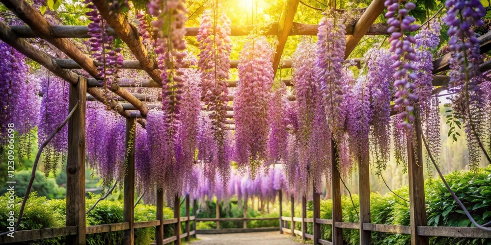 Naklejka premium Rule of Thirds perfectly frames stunning purple wisteria draped across a park trellis.