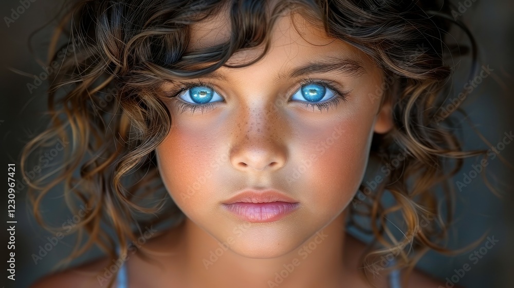 Fototapeta premium A young child with vibrant blue eyes and curly hair stares directly at the viewer. The soft lighting highlights her delicate features, creating an enchanting atmosphere