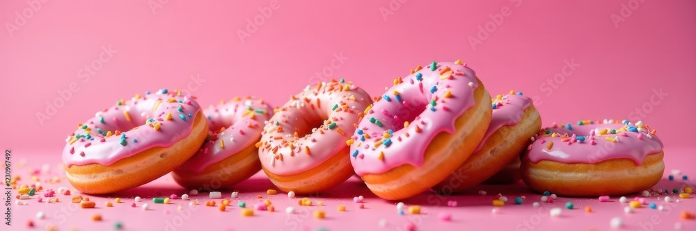 Glazed donuts cascade, sprinkles burst, dark pink backdrop, donuts, bakery Glazed donuts cascade, sprinkles burst, dark pink backdrop, donuts, bakery