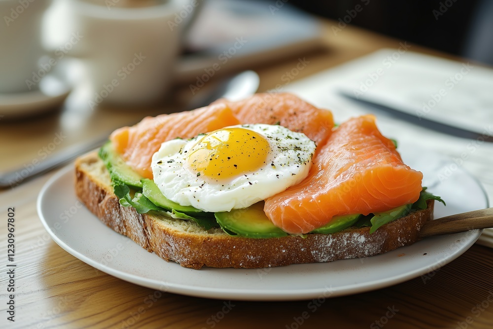 Open-faced sandwich with smoked salmon, avocado, fried egg, and greens Open-faced sandwich with smoked salmon, avocado, fried egg, and greens