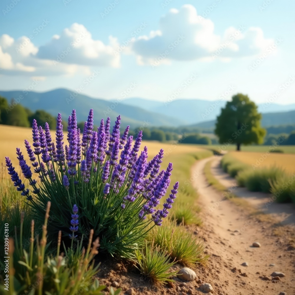 Fototapeta premium A lone lavender bush in full bloom amidst a quiet landscape, solitude, rustic