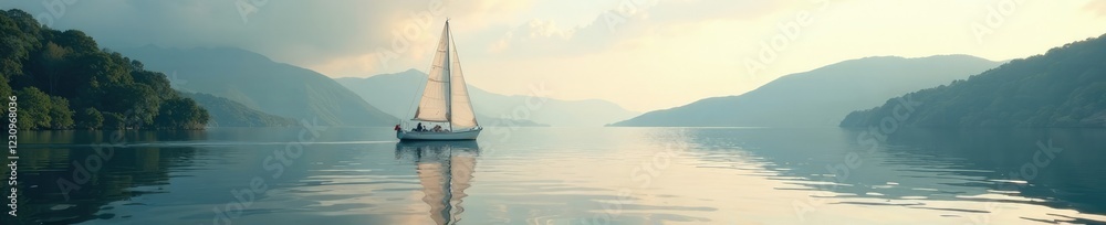 A sailboat glides across the lake's surface calm, sailing, boats, gentle A sailboat glides across the lake's surface calm, sailing, boats, gentle