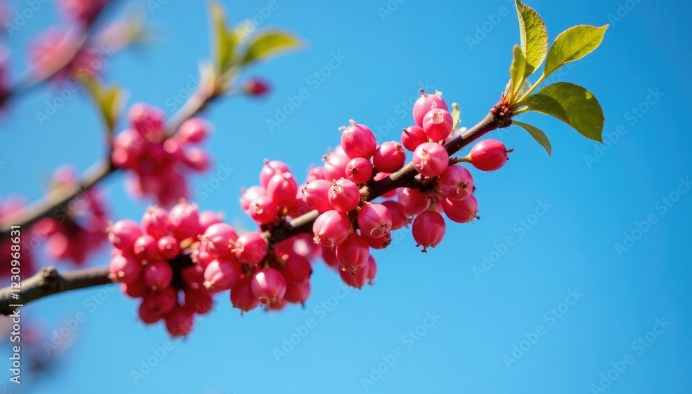 Cornelian cherry flowers on a bare branch against a bright blue sky, cornelian cherry, branch, nature Cornelian cherry flowers on a bare branch against a bright blue sky, cornelian cherry, branch, nature