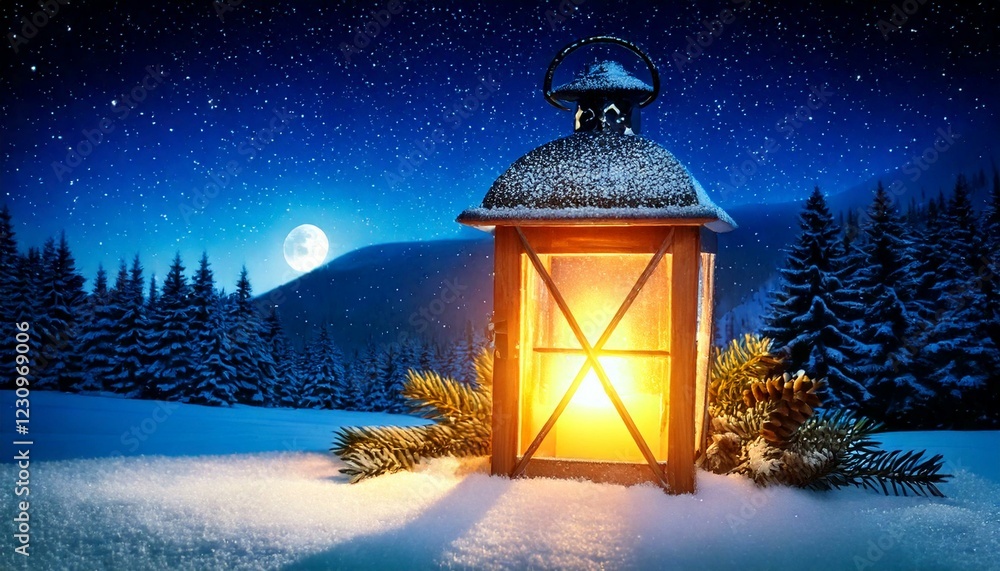  Christmas lantern with snowfall,Closeup. white background 