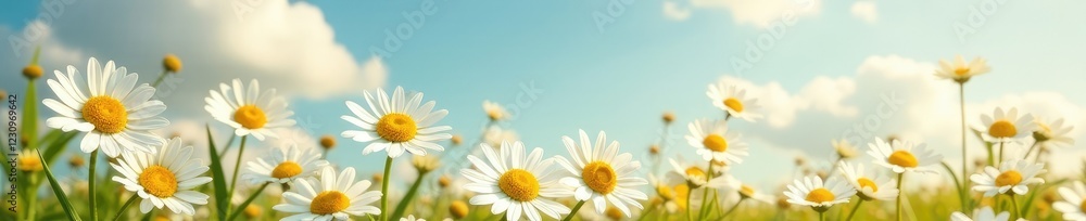 Naklejka premium Fresh white and yellow daisies falling from the sky onto a soft peachescape, autumn, daisy, cloud