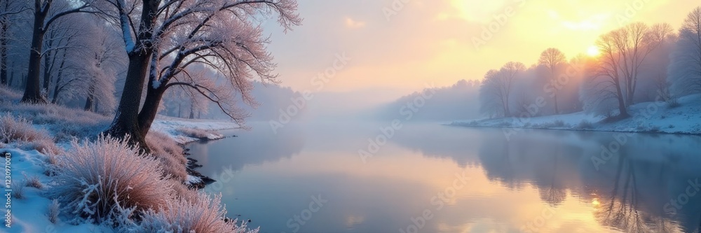 Obraz premium Frosty morning on the riverbank with icy mist, mist, river