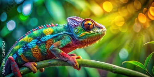 Wallpaper Mural Colorful Chameleon on Branch with Bokeh Effect, Vivid Wildlife, Nature Photography, Exotic Animal Close-Up, Macro Photography, Tropical Background, Beautiful Reptile, Green and Blue Chameleon Torontodigital.ca