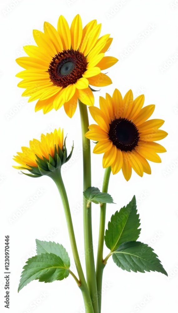 Obraz premium Three vibrant sunflowers, stems, leaves, isolated , leaf, bright