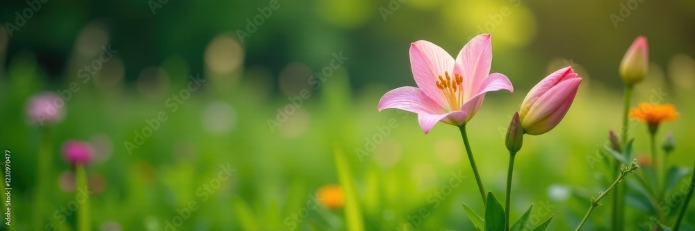 Light pink lily growing in a lush garden with tall grasses and wildflowers, nature, greenery, blossoms Light pink lily growing in a lush garden with tall grasses and wildflowers, nature, greenery, blossoms