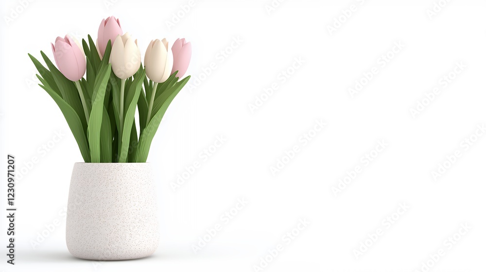 Obraz premium Pastel Tulips in Speckled Ceramic Pot A Springtime Minimalist Still Life