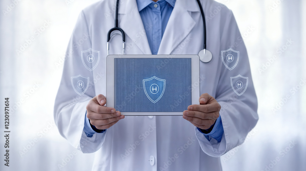Doctor holding tablet with security icon for health info record privacy concept. Doctor holding tablet with security icon for health info record privacy concept.
