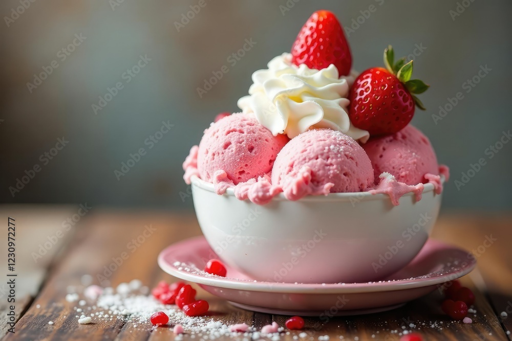 Strawberry ice cream sundae with whipped cream, fluffy, sweet, whipped Strawberry ice cream sundae with whipped cream, fluffy, sweet, whipped