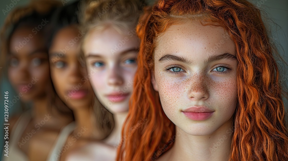 Four young women of diverse ethnicities stand side-by-side looking at the camera. The woman in the front has red hair and freckles. Four young women of diverse ethnicities stand side-by-side looking at the camera. The woman in the front has red hair and freckles.