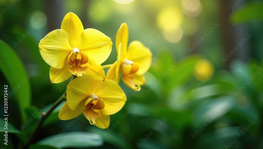 Obraz premium Sunny yellow orchids in a lush tropical garden, flower, yellow