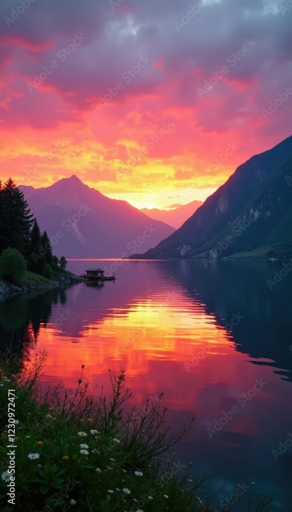 Fototapeta premium Sunrise over the Thunersee with Bergstrasse mountains, thunersee, mountain sunrise