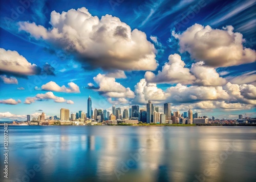 Vintage 4K UHD image: Alki Beach's breathtaking cloudscape framing Seattle's iconic skyline, Washington State. photo