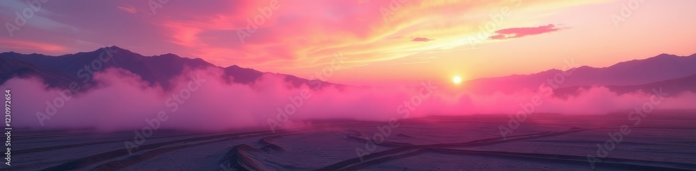 Obraz premium swirling pink mist rises from desolate landscape, nature, sunset, gradient