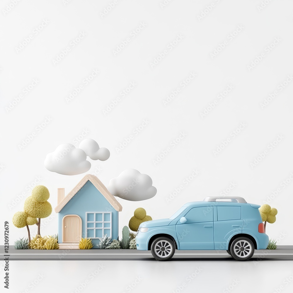 Minimalist Scene Featuring a Modern Car Next to a Cute House with Lush Trees and White Background Ideal for Illustrating Home and Travel Concepts Minimalist Scene Featuring a Modern Car Next to a Cute House with Lush Trees and White Background Ideal for Illustrating Home and Travel Concepts