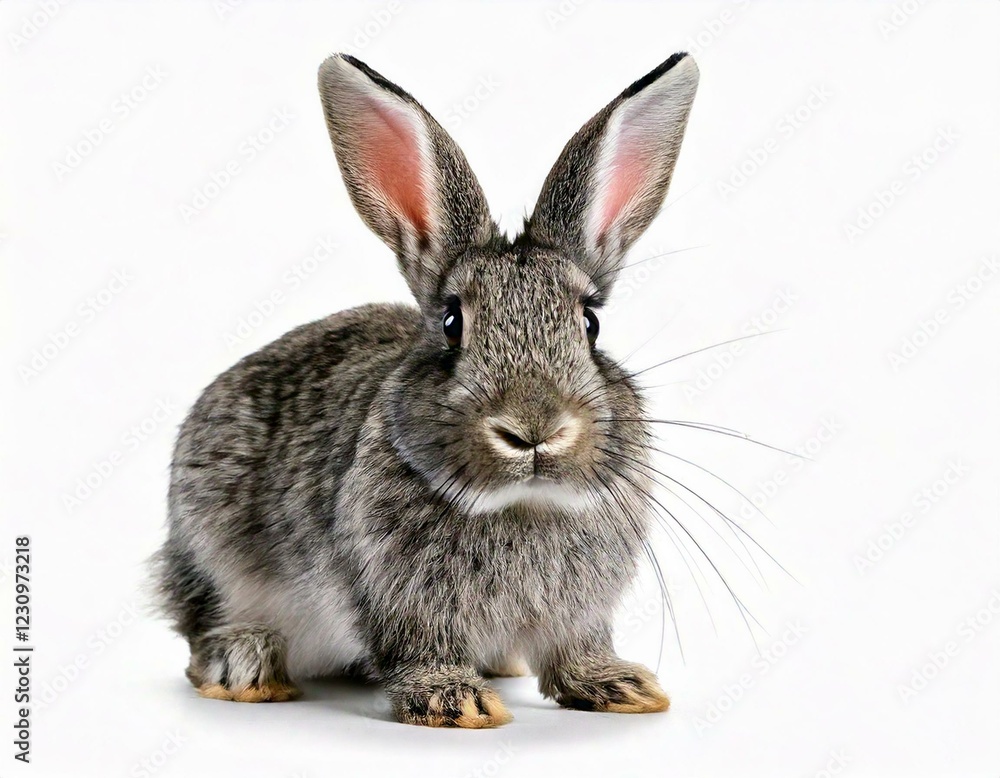 Expressive Grey young rabbit standing in front, isolated, making a face Expressive Grey young rabbit standing in front, isolated, making a face