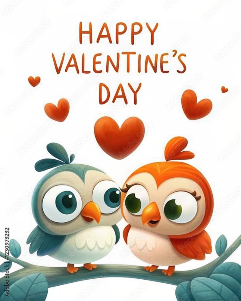 Fototapeta premium Happy Valentine's Day Owls: A charming illustration of two adorable owls perched on a branch, expressing affection with hearts floating above.