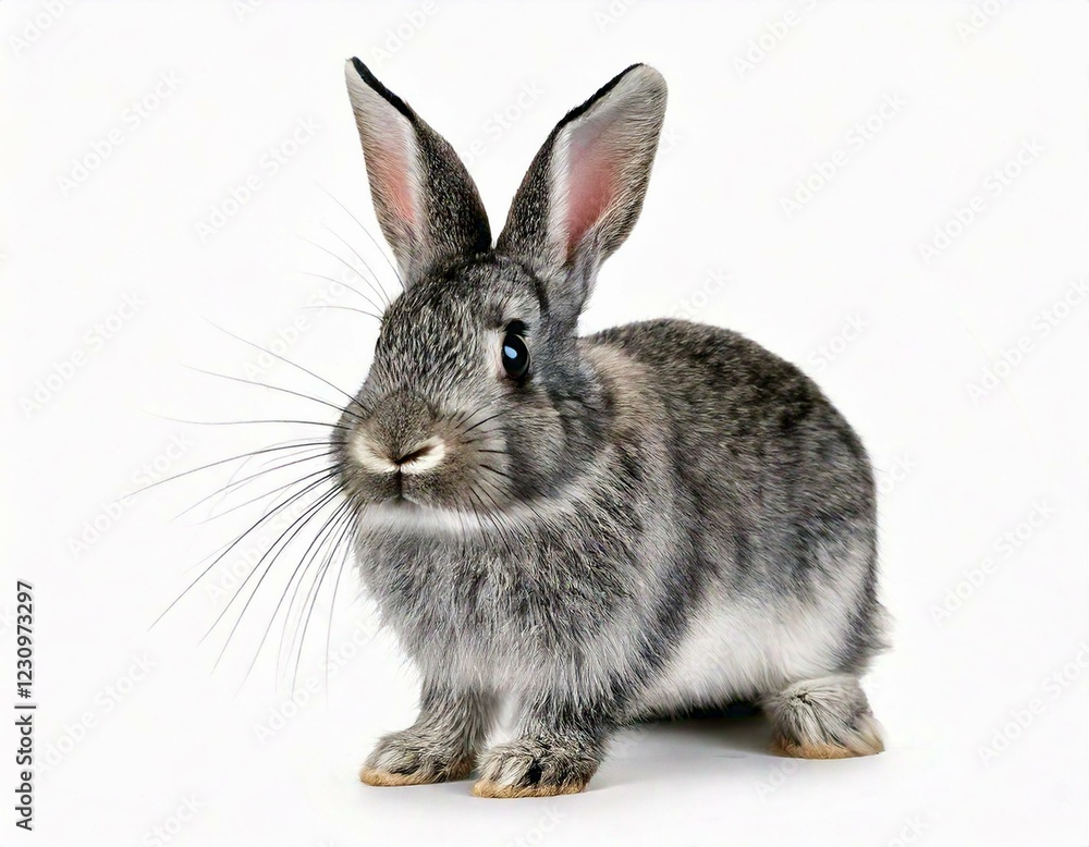 Fototapeta premium Expressive Grey young rabbit standing in front, isolated, making a face