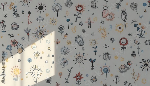 Whimsical Childlike Drawings Of Suns Flowers And Plants