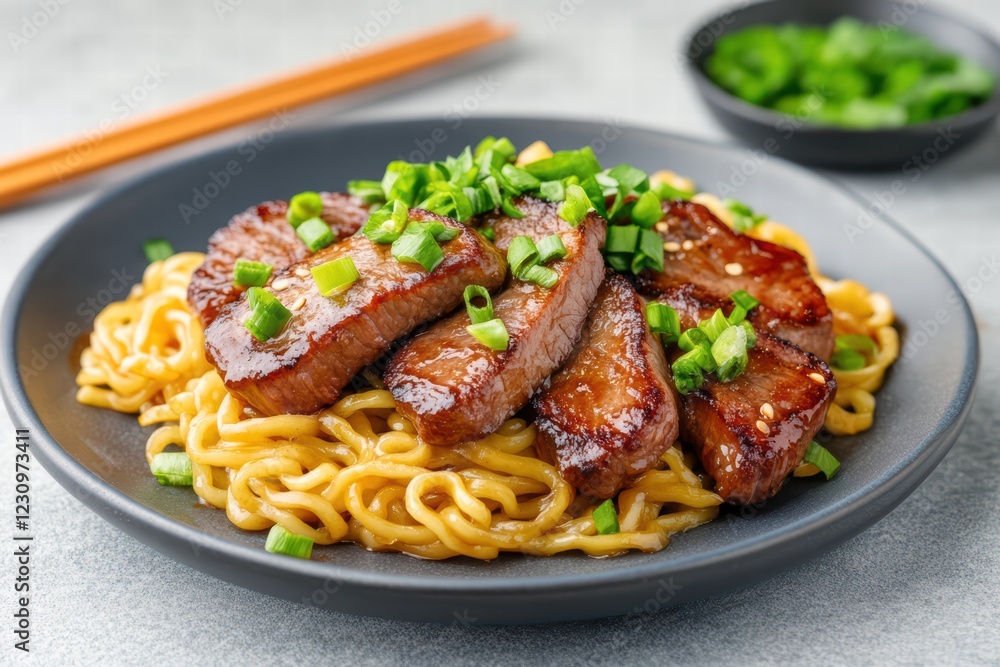 Delicious Beef Strips on Noodles Topped with Green Onions Delicious Beef Strips on Noodles Topped with Green Onions