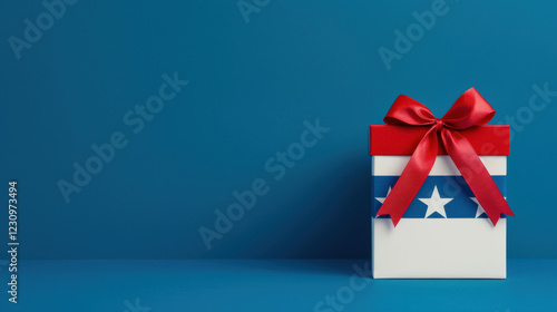 Wallpaper Mural A gift box with a red bow and patriotic colors rests against a blue background, perfect for celebrations or holidays. Torontodigital.ca
