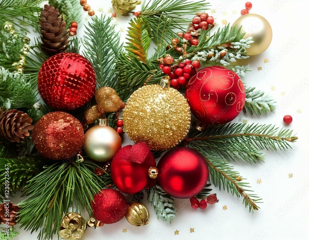 Festive Christmas Ornaments and Pine Decorations on white Festive Christmas Ornaments and Pine Decorations on white