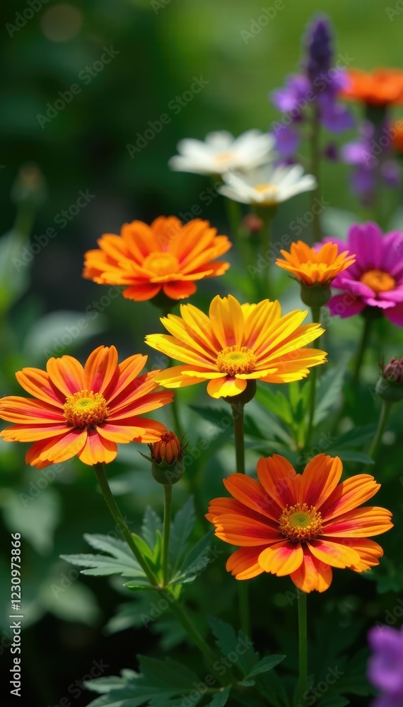 Clusters of showy, fragrant flowers in a sunny garden bed, perennials, milkweed, lush foliage Clusters of showy, fragrant flowers in a sunny garden bed, perennials, milkweed, lush foliage