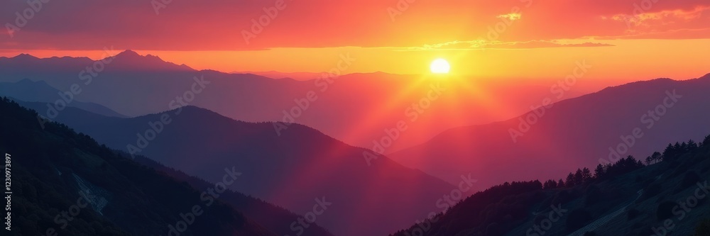 CMYK sunrise over mountains with warm golden light, yellow, black, magenta CMYK sunrise over mountains with warm golden light, yellow, black, magenta