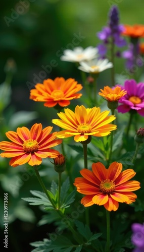 Clusters of showy, fragrant flowers in a sunny garden bed, perennials, milkweed, lush foliage photo