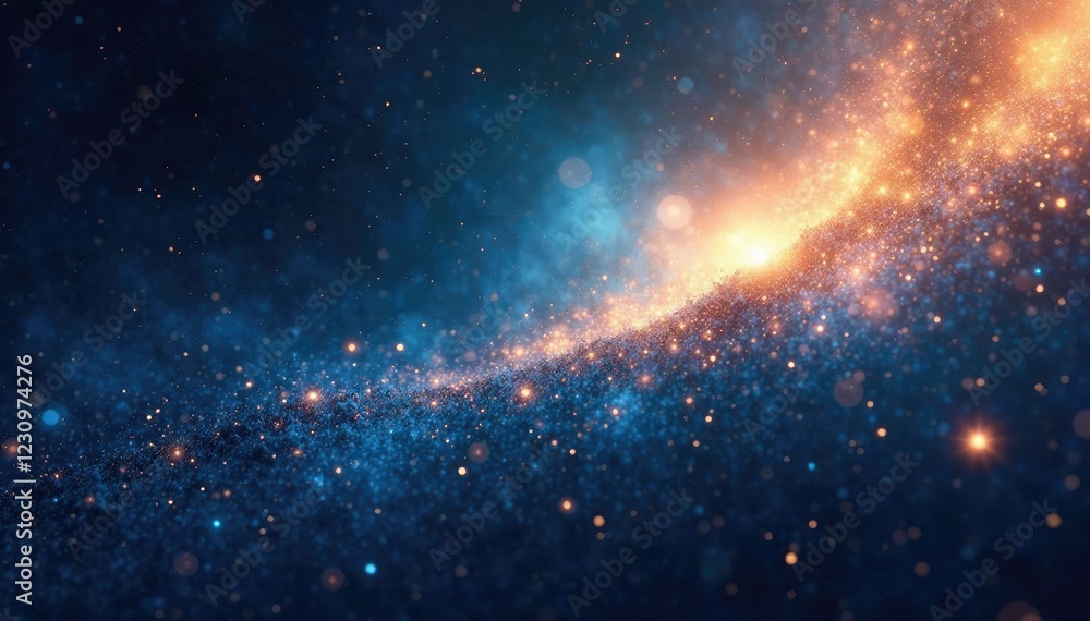 Naklejka premium Cosmic abstract background with dark blue and gold hues blending into the distance with shimmering particles, shimmer, gold, galaxy