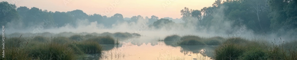 Fototapeta premium Misty morning in the lagunas de zempoala wetlands foggy atmosphere, nature, tranquility, zempoala