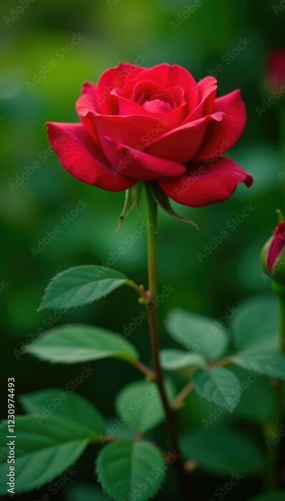 Crimson rose in full bloom amidst lush greenery, foliage, stems Crimson rose in full bloom amidst lush greenery, foliage, stems