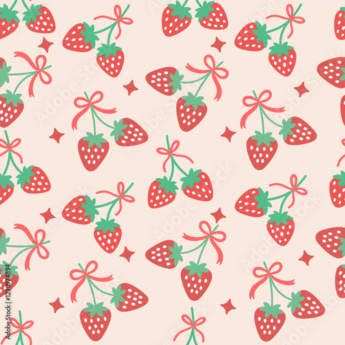 Cute seamless pattern featuring red strawberries with green leaves and coquette bows on a pastel background, ideal for fabric, wallpaper, and textiles