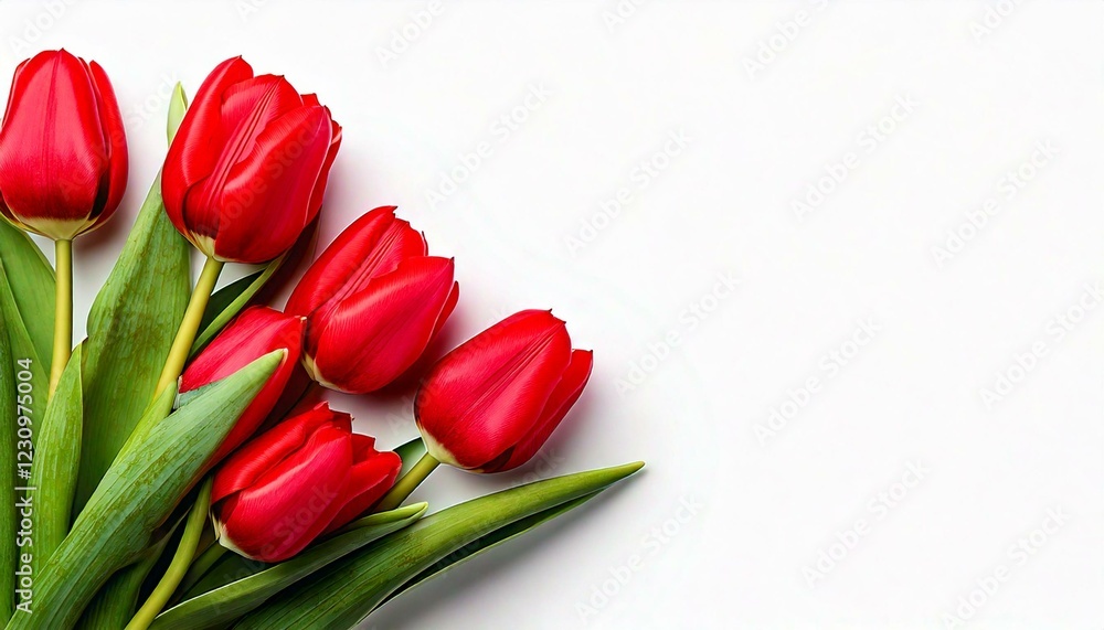 Fototapeta premium Fresh Red Tulips, a symbol of spring and Easter. Isolated on white