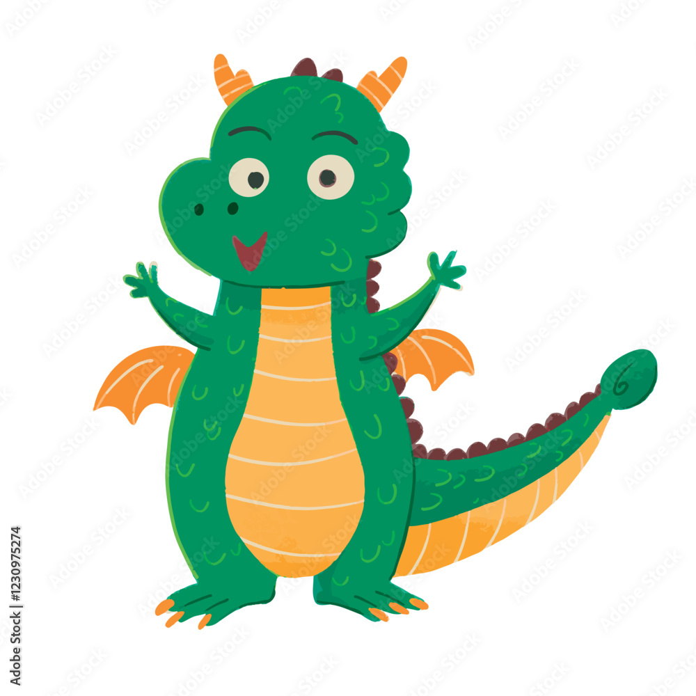 Fototapeta premium cute dragon cartoon in crayon style editable Colorful vector hand drawn illustration for children. baby designs for cards, poster decorations, t-shirt prints, stickers, icons and others 
