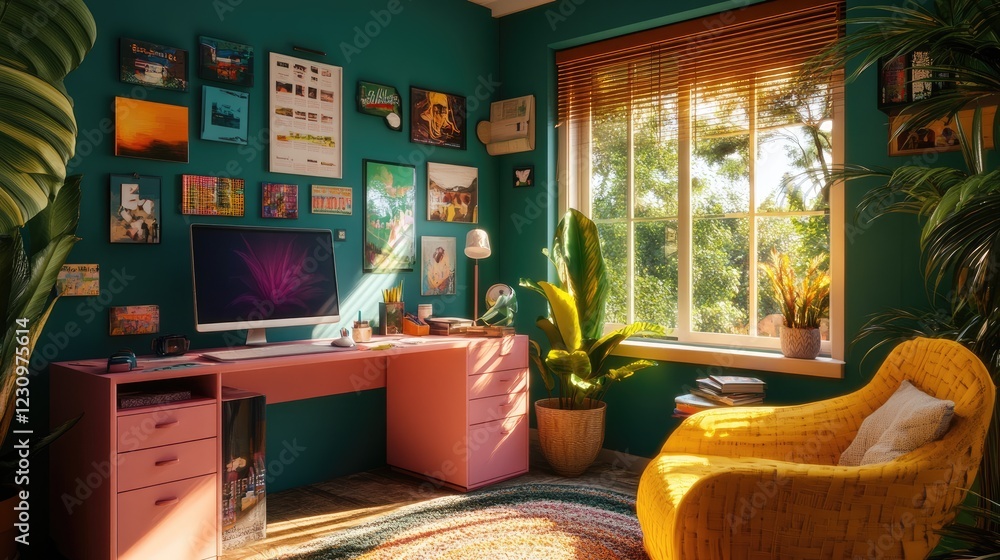 A dynamic home studio with a neon pink desk, deep teal walls, and bright yellow chairs A dynamic home studio with a neon pink desk, deep teal walls, and bright yellow chairs