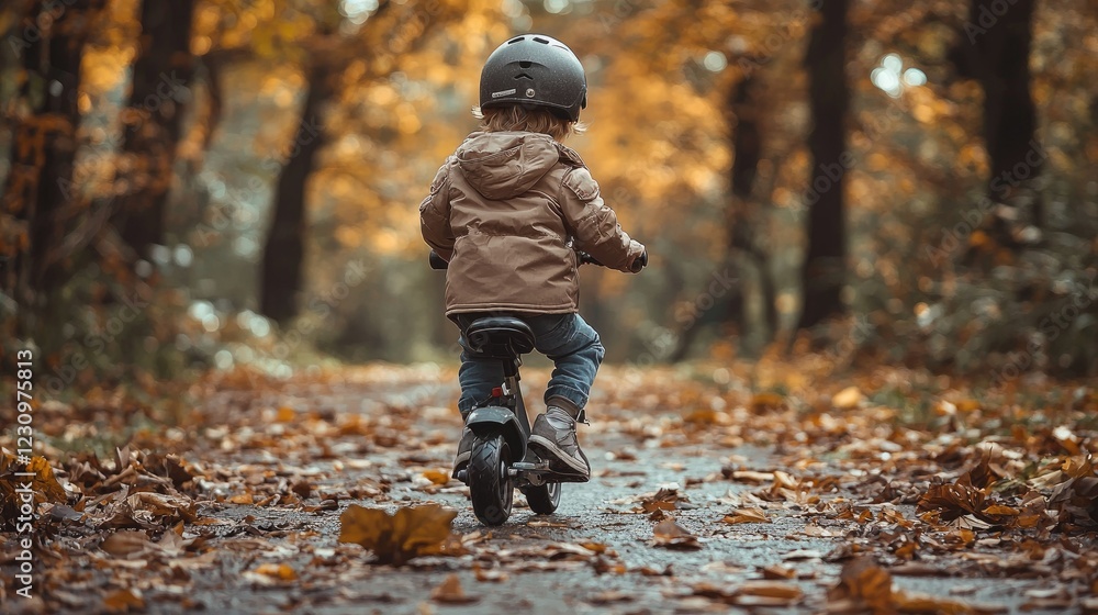 Toddler Riding Bike Autumn Leaves Path