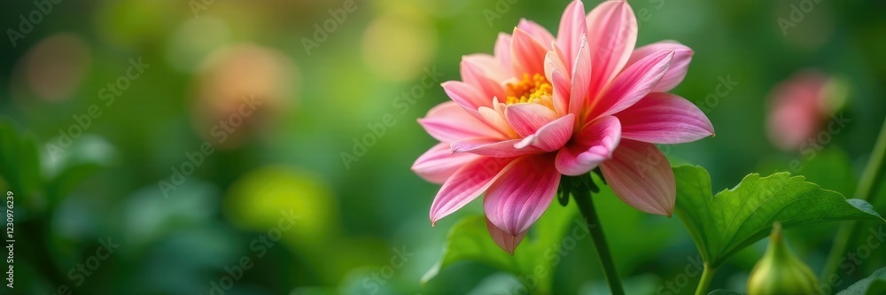 Fototapeta premium Lush greenery swaying around a majestic dahlia blossom, verdant, garden